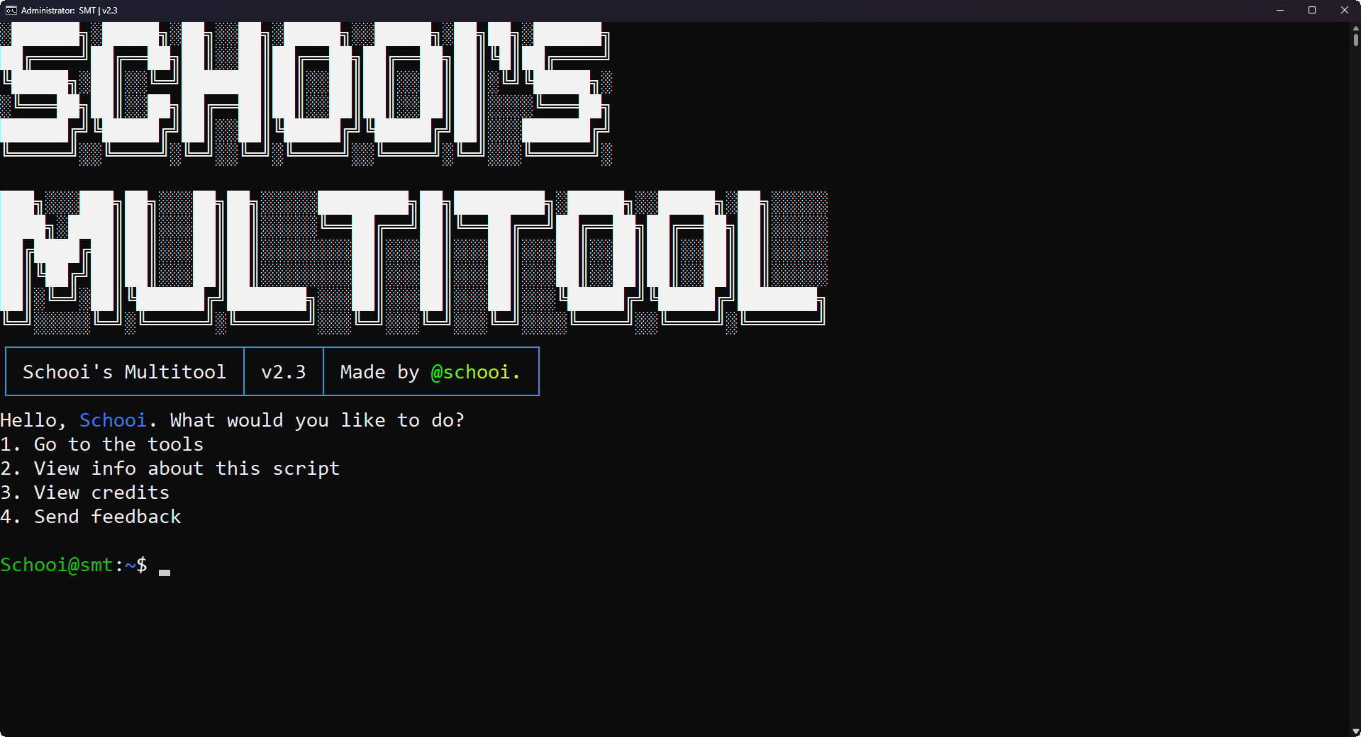 Schooi's Multitool SMT Windows multitool console menu v2.3 - 145 Windows tools overview